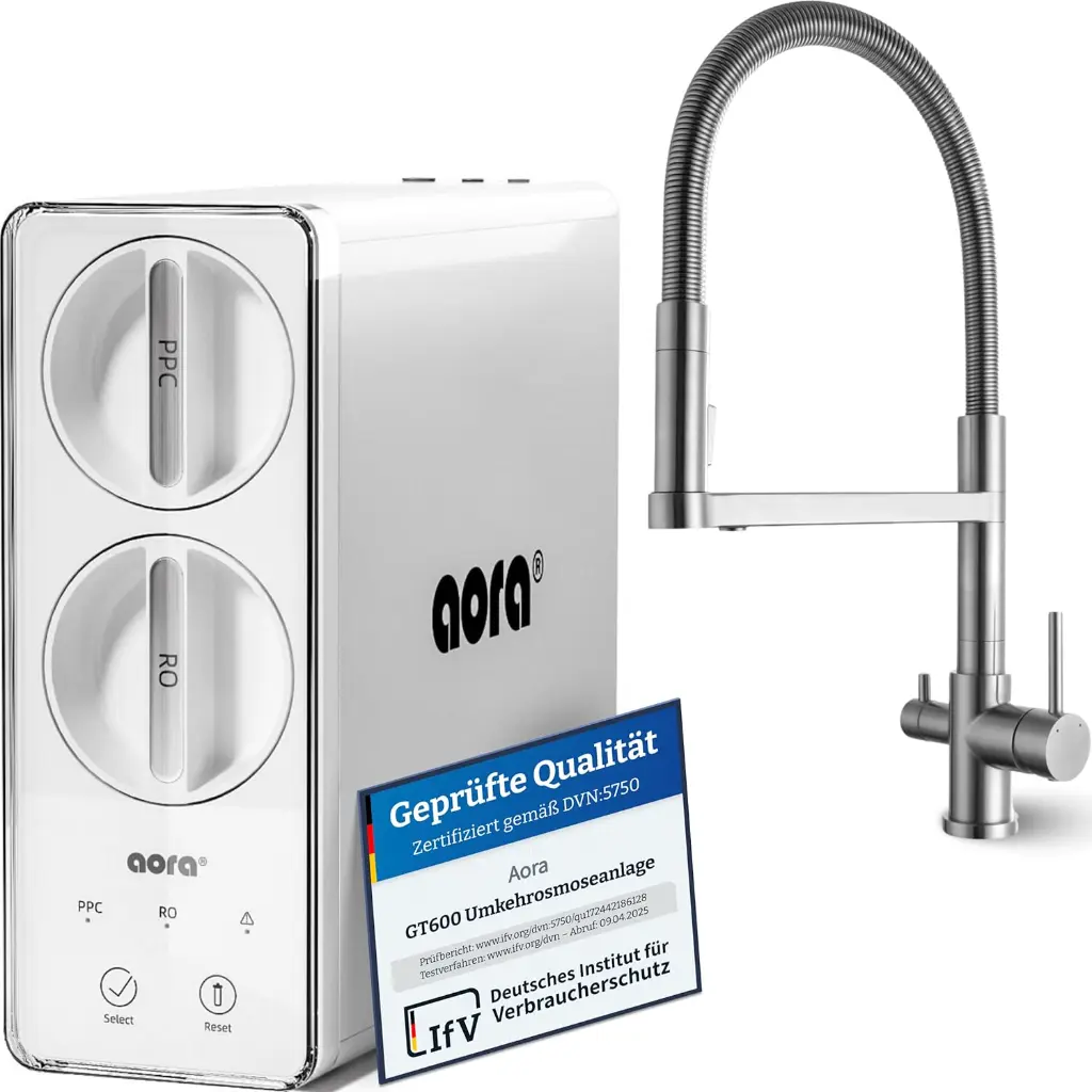 AORA GT600 Direct Flow Osmoseanlage ohne Bohren - 8-Stufen-Umkehrosmose Wasserfilter inkl. wählbarer 3-Wege-Edelstahl-Armatur - Untertisch & tankloses RO-System mit Schnellwechsel-Filtern