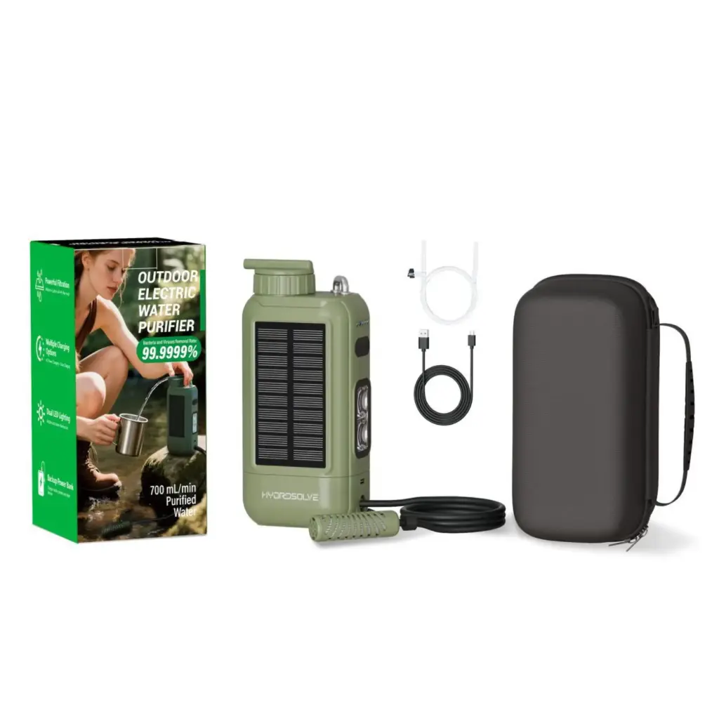 HYDROSOLVE SoarPro Outdoor Wasserfilter – Elektrisch, Tragbar & Wiederaufladbar – 0,01 Mikron – Solar/USB/Kurbel – Powerbank – für Camping, Wandern, Notfall & Survival